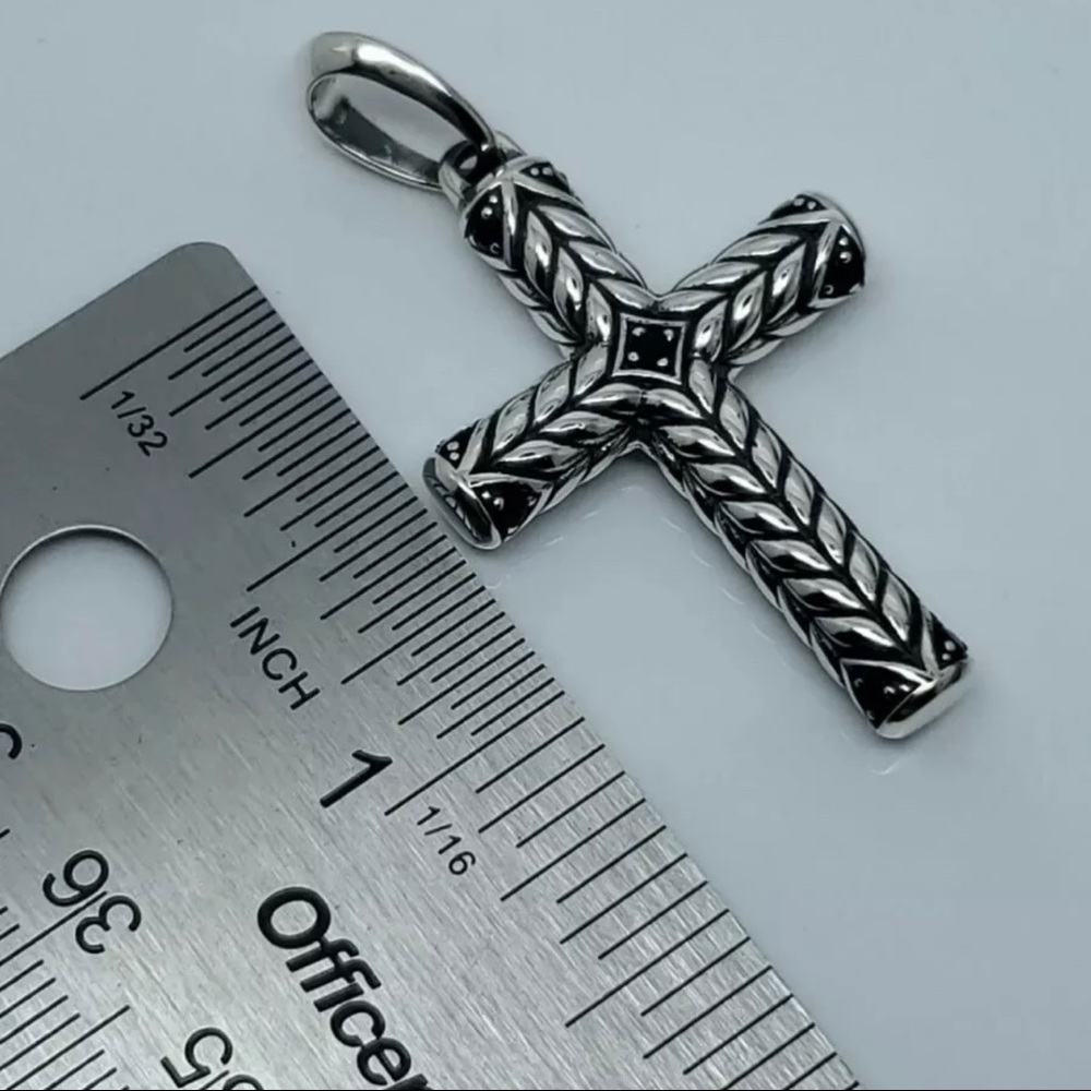 David Yurman 925 Silver Chevron Black Pave Diamonds Sculpted Cross Pendant - Picture 6 of 6